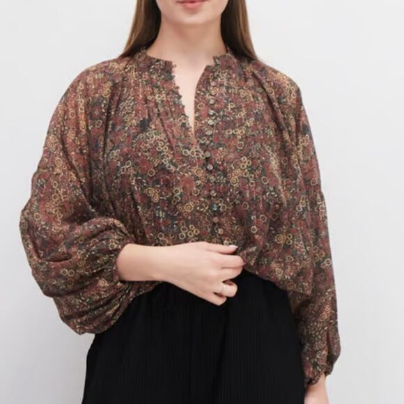 Kourtney Jenny Round Neck Short Sleeve Floral Print Blouse, Red/Yellow Combo - Picture 1 of 11